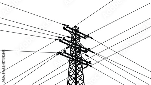 Electric power transmission tower silhouette with crossing overhead lines, high voltage electricity infrastructure illustration for energy, utility, grid, and industrial concepts