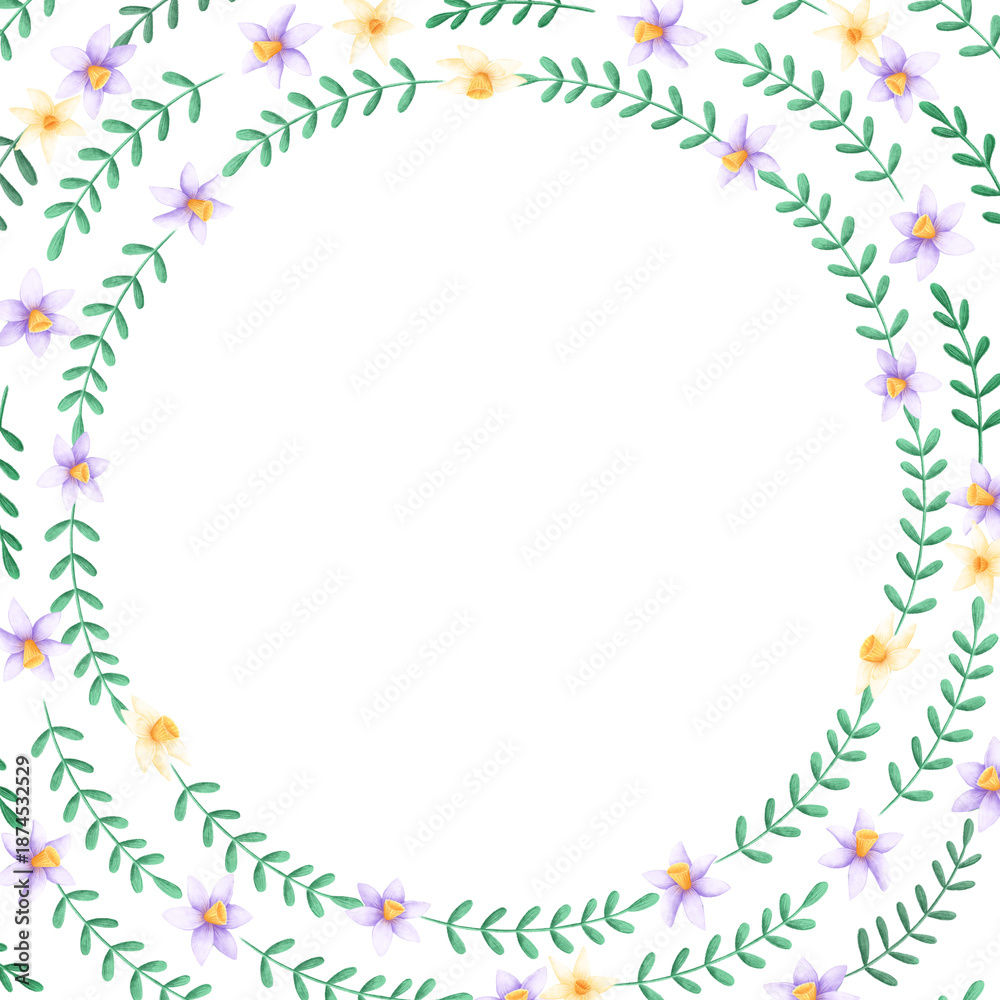 Obraz premium Daffodils frame template. Watercolor illustration of spring flowers in a simple childlike style. Design for Easter, Mother's Day and birthday cards.