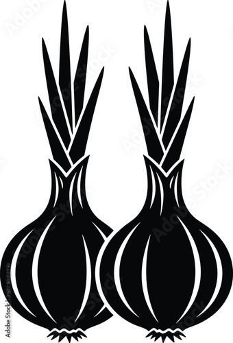 Black and white onion bulbs silhouette illustration with long green leaves, minimal vector icon design for agriculture, food, gardening, packaging, and branding concepts