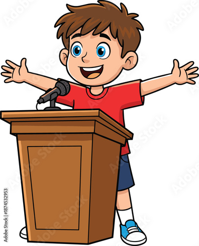 Cute cartoon boy speaking at podium with microphone, cheerful public speaking illustration for education, presentation, school event, confidence, and communication concepts