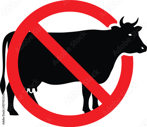 Black silhouette of a cow underneath a bold red prohibition sign indicating no beef consumption or animal restriction concept.
