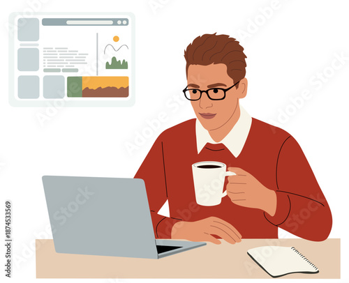 Flat digital illustration of a person in red sweater working from home with laptop, coffee mug, and notebook in a clean, minimalist workspace.