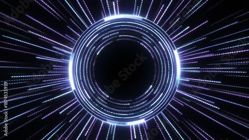 Ai orchestration matrix forming luminous data stream digital pattern neon circular tunnel glowing concentric interface and radial