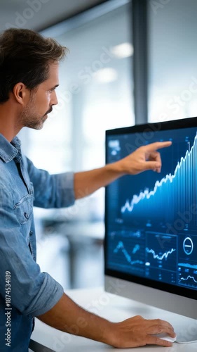 Wallpaper Mural A professional man in casual attire reviews stock market analytics and growth charts on a digital screen. The workspace is bright and contemporary, reflecting a dynamic business atmosphere Torontodigital.ca