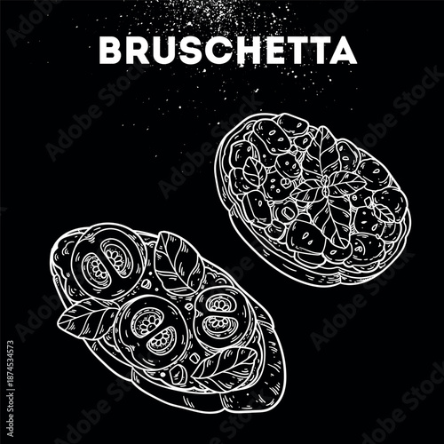 Bruschetta sketch. Vector drawing illustration. Italian food. Italian cuisine. Hand drawn. Top view. Not AI Generated.