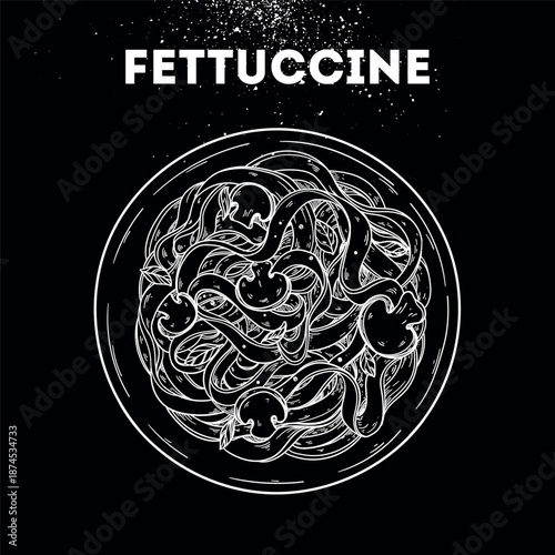 Fettuccine pasta sketch. Vector drawing illustration. Italian food. Italian cuisine. Hand drawn. Top view. Not AI Generated.