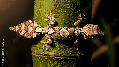 Moss Covered Bamboo Trunk with a Detailed Leaf- Tailed Gecko Climbing leaf-tailed gecko