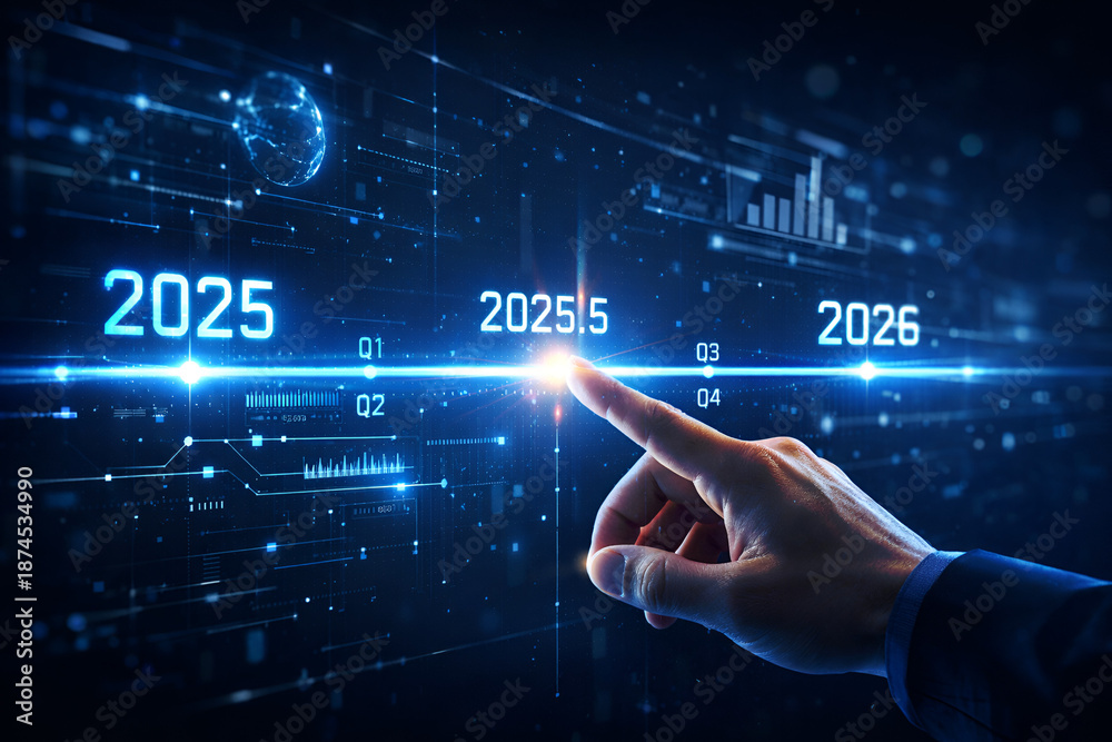 Naklejka premium 2026 Future Technology Forecast. Futuristic digital screen with data analysis and hand touching interface.