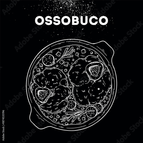 Ossobuco with veal shanks sketch. Vector drawing illustration. Italian food. Italian cuisine. Hand drawn. Top view. Not AI Generated.