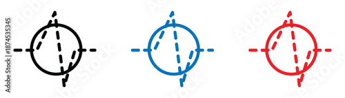 Abstract vector icons: circle with internal and external dashed lines in black, blue, red