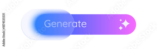 Neon gradient glass morphism generate button on transparent background. Vector artificial intelligence app illustration with blurred element.