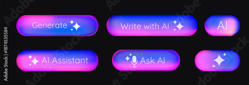 AI Assistant buttons set. Various Rewrite prompt pushbuttons in bright gradient colors. Generate artificial intelligence toggle. Machine learning text generator. Chatbot assistant. Vector