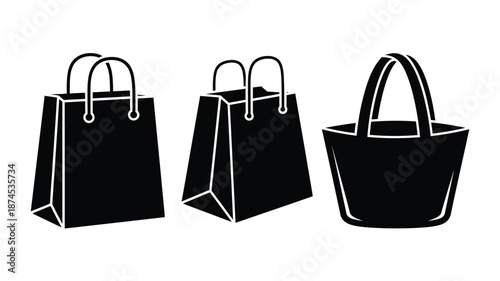 Black and white illustration of three different shopping bags in a row