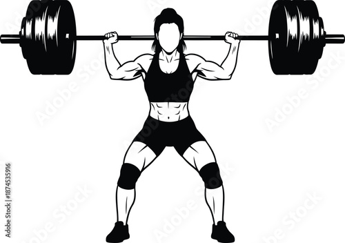 Female weightlifter in squat position lifting barbell a striking silhouette