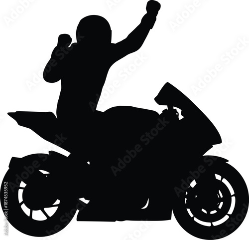 Motorcycle rider celebrating victory with arms raised dynamic action silhouette