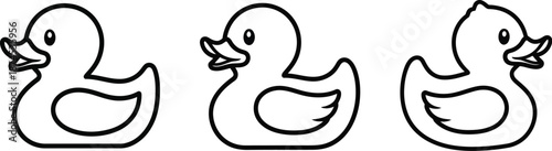 Three playful rubber ducks in a simple black and white silhouette