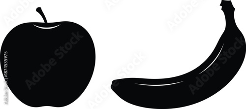 A stark contrast of an apple and banana in silhouette