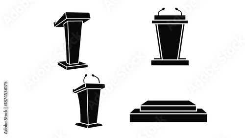 Four black silhouettes of podiums and lecture stands against white background