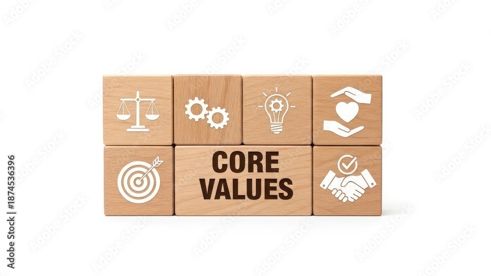 Fototapeta premium Business core values concept with wooden blocks and icons