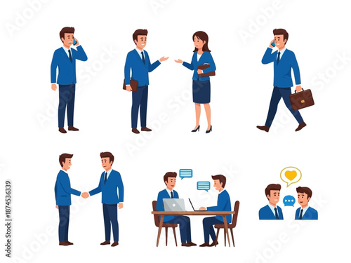 Illustration of people working at desks in an office setting with computers and laptops around