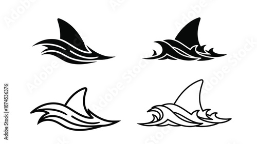 Black and white illustration of shark fins cutting through ocean waves