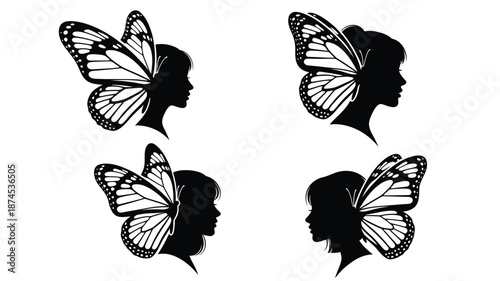 Elegant butterfly and woman silhouettes create a striking black and white pattern