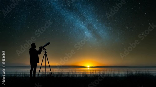 Wallpaper Mural A silhouette of a person using a telescope stands against a star filled sky and the Milky Way, with a serene sunset on the horizon. This image evokes curiosity, adventure, and the beauty of astronomy Torontodigital.ca