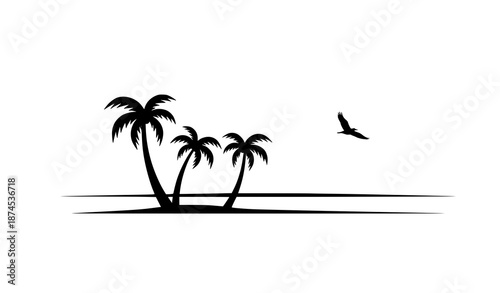 Tropical island silhouette scene with palm trees bird and horizon isolated on solid white background vector illustration