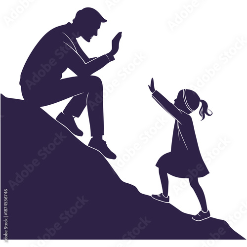 Supportive father helping daughter climb hill