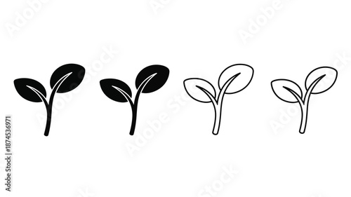 Four stylized seedling illustrations depicting growth stages in black and white