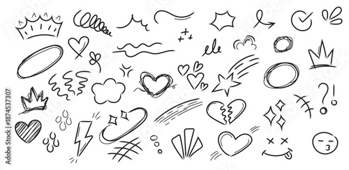 Hand drawn doodle shapes love, star and crown set. Cute doodle icons and sketch elements collection. Black line doodle symbols