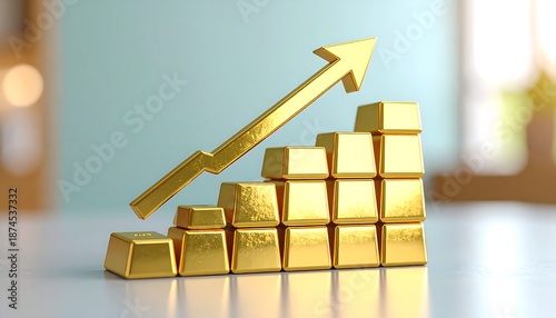 Golden bars stacked in ascending order with upward arrow