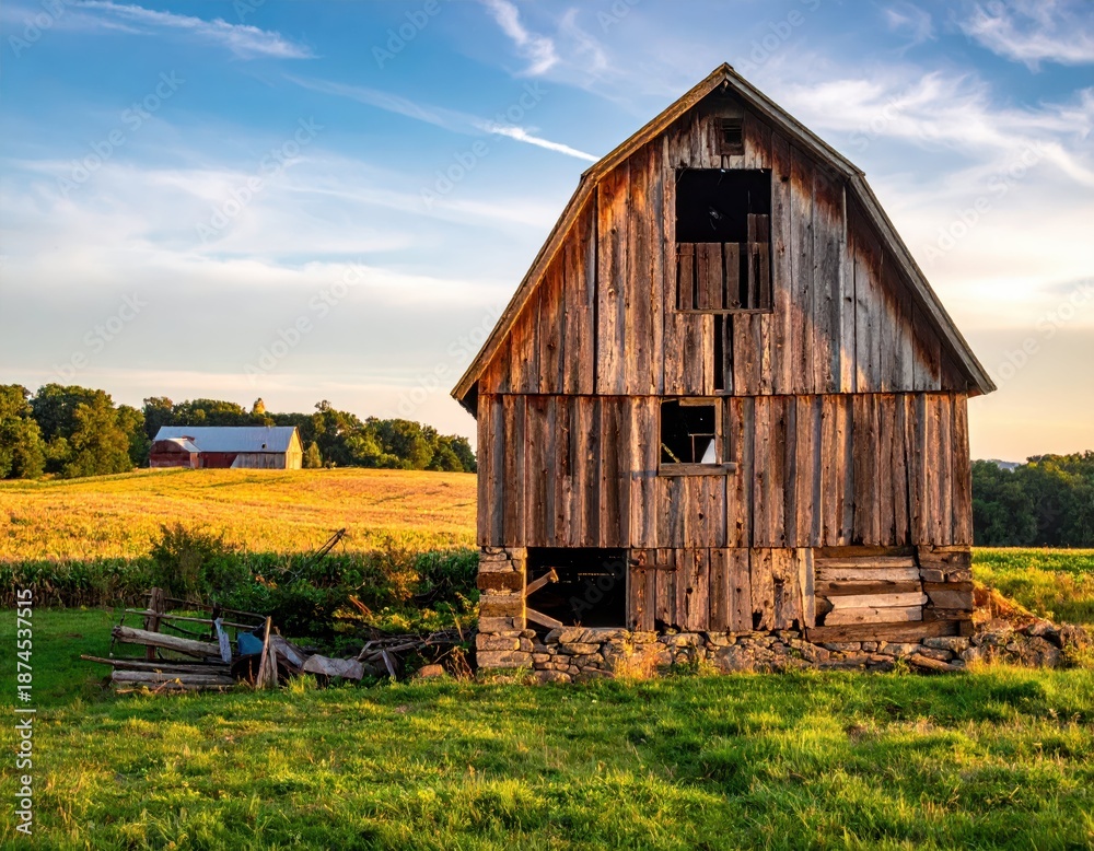 Obraz premium Rustic barn in serene landscape under a vibrant sunset sky
