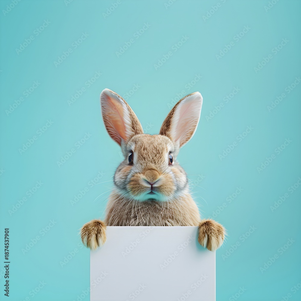 Obraz premium Closeup of brown rabbit with a big white blank placard on light blue background, an animal holding a clear sign for Easter greeting or announcement
