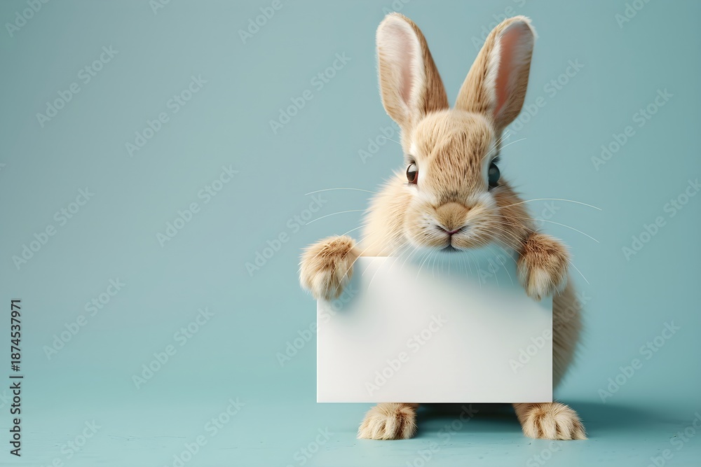 Obraz premium Easter rabbit holding blank white placard with copy space. Holiday greeting card design. Cute animal sign for event.