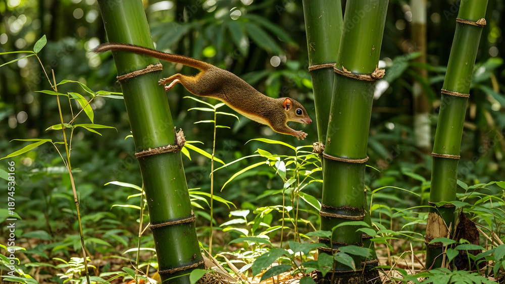 Naklejka premium Small Mammal Leaping Between Green Bamboo Stalks in a Forest squirrel lemur