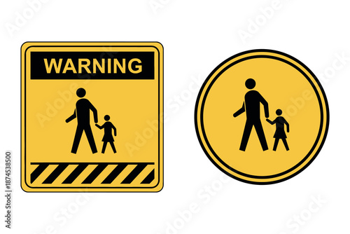 Yellow warning signs with pedestrian and child illustrations