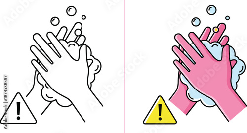 Vector illustration of washing hands with soap bubbles and warning sign in outline and color styles isolated on white background for hygiene concept.