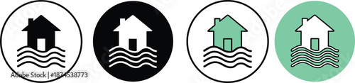 Set of House in Water Flood Icons for Home Insurance Natural Disaster Climate Change Global Warming Safety and Real Estate Protection