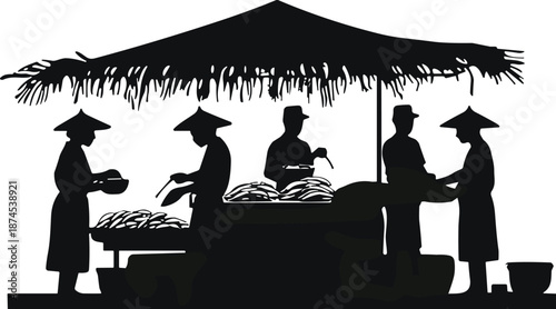 Black Silhouette of Street Food Vendors Cooking at Traditional Market Stall Under Straw Roof Isolated on White Background for Asian Culture