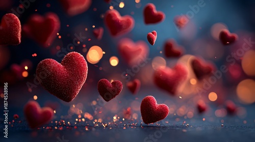 floating red hearts on dark dreamy background, romantic love abstract bokeh concept