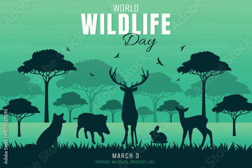 World Wildlife Day banner with wild animal silhouettes deer fox boar and birds in forest landscape.