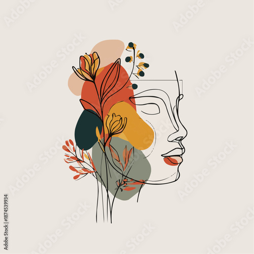 Abstract line art of a blooming flower mask and female face, ideal for skincare branding, beauty blogs, or wellness product packaging.