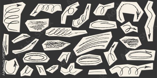 Chalk drawn arrow collection with hand sketched lines. Pencil scribbles and brush marks. Perfect for doodle designs, textured backgrounds, and playful illustrations. Grunge chalk crayon textures.