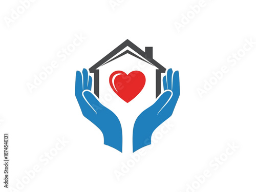 A graphic illustration of hands holding a house with a heart inside