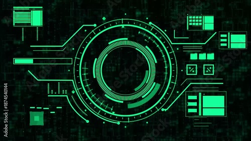 Futuristic Green HUD Interface with Rotating Circular Elements and Data Indicators. High-Tech Digital Motion Graphics for Sci-Fi and Cyber Security Backgrounds. Abstract Technology Control Panel Conce