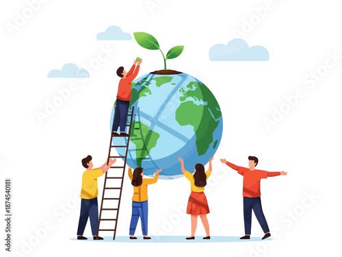 Group of people taking care of the earth with a green leaf on top