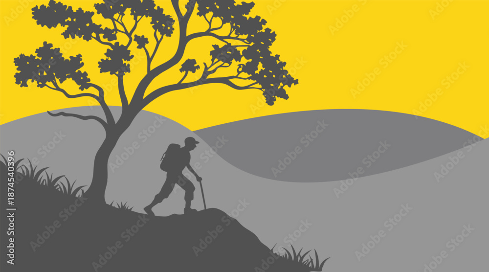 Naklejka premium Traveler Hiking in Nature Landscape Vector Illustration