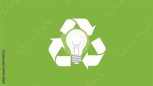 Environmental sustainability concept featuring a white recycling symbol surrounding a glowing light bulb on a green background.