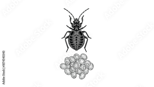 Detailed black and white illustration of a bed bug shown alongside a group of its eggs for identification and educational purposes.